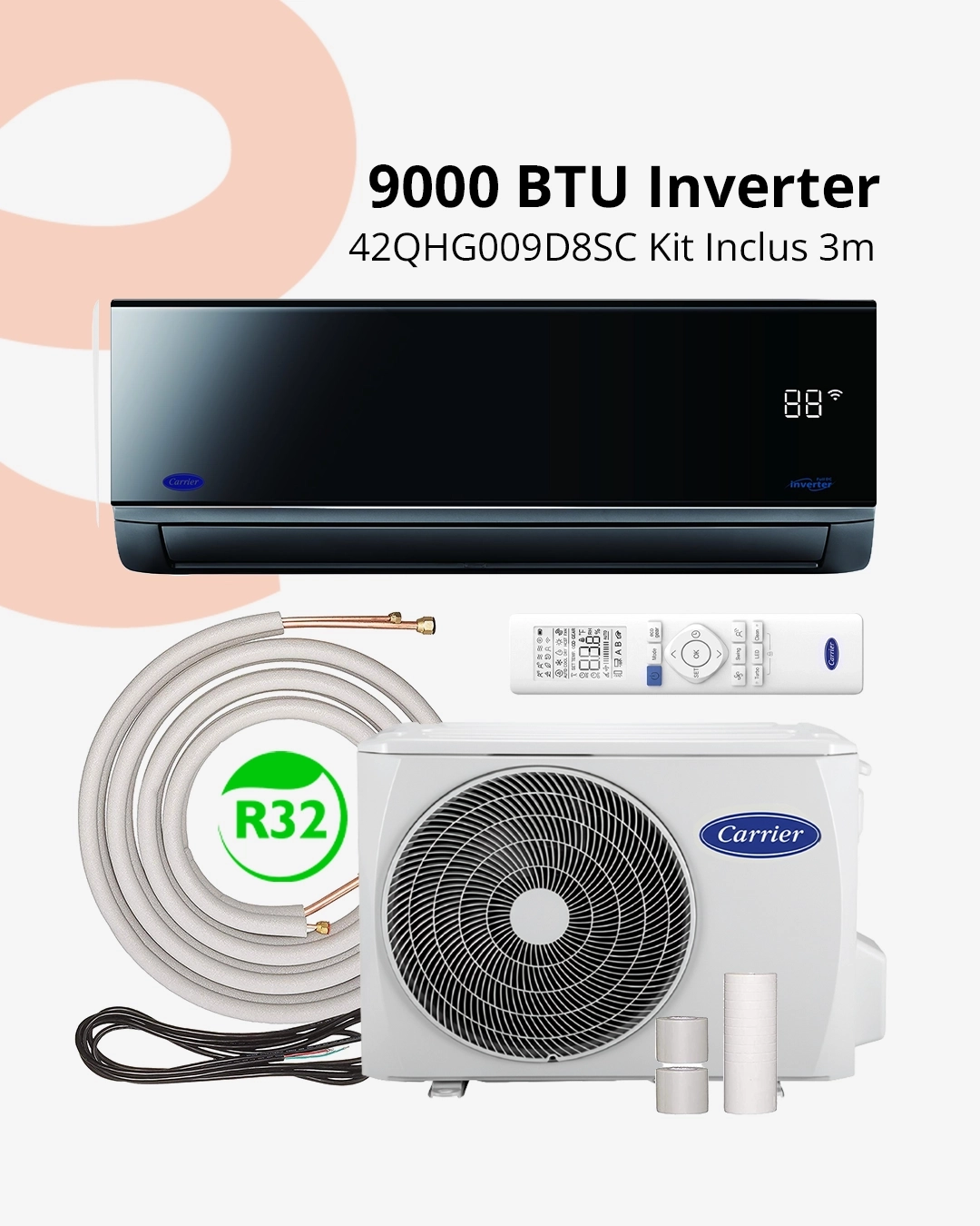 Carrier Black Mirror 9000 BTU Inverter R32 Kit Inclus 3m | Complet & Élégant